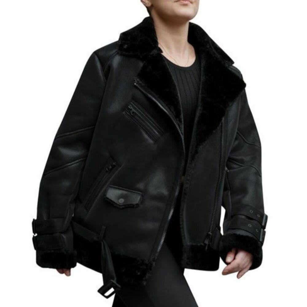 Blanc Noir Violetta Faux Leather Shearling Oversized Moto Biker Jacket Large - Picture 2 of 13